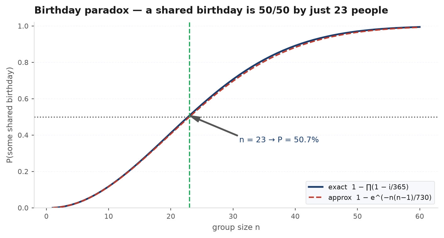 Probability that at least two people in a group share a birthday as group size grows, crossing 50 percent at 23 people
