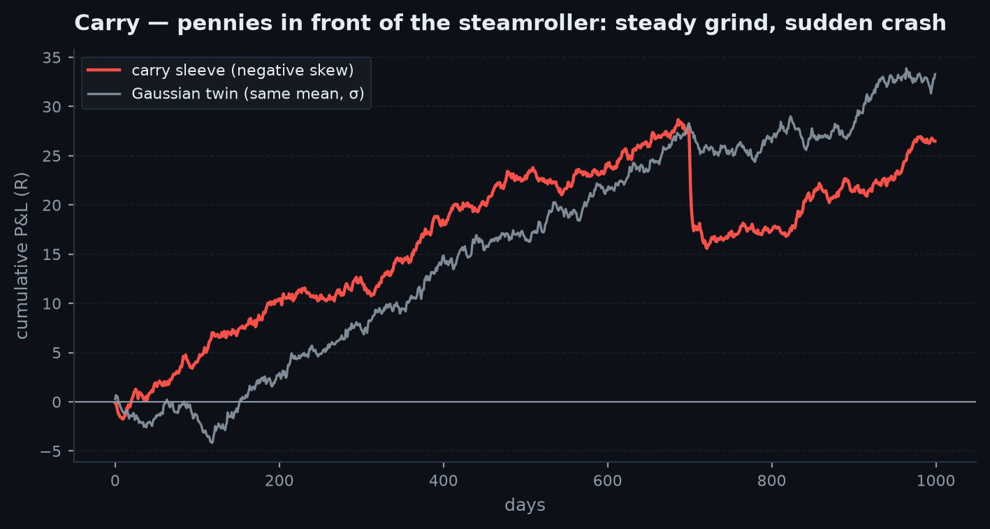 Cumulative P&L of a carry strategy: a long smooth upward grind punctuated by an abrupt deep drawdown, versus the steady line naive annualisation predicts